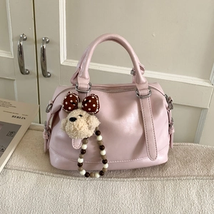 Vintage PU Leather Boston Crossbody Bag For Women Large Capacity Handbag With Plush Dog Charm And Beaded Strap Daily Tote Bag
