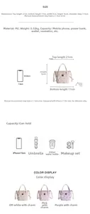 Size guide for cartoon handbag showing dimensions and capacity with iPhone comparison