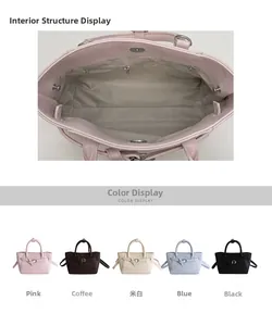 Détails du compartiment interne et cinq options de couleurs pour ce grand sac à main en cuir