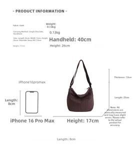 Size chart showing large plaid shoulder bag dimensions with a smartphone for scale