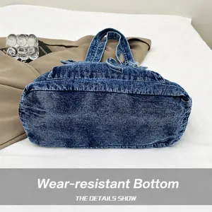 Detalle de la base resistente al desgaste del bolso tote vaquero con textura de tela