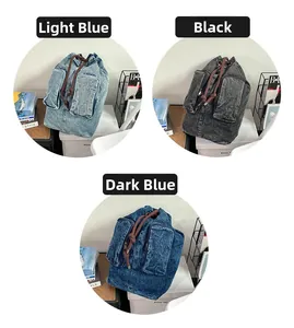 Detailed comparison of light blue, black, and dark blue denim drawstring backpacks