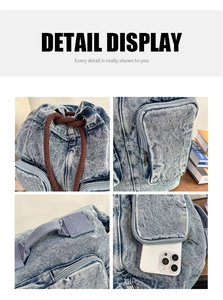Detail view of denim backpack showing brown woven drawstring and side pocket for smartphone