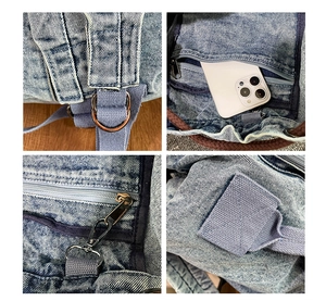 Detail view of denim backpack showing vintage wash fabric, metal D-ring and shoulder strap