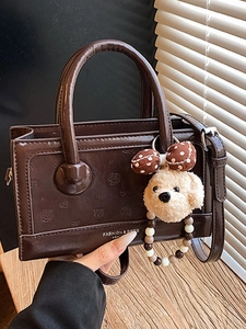 Vintage Embossed PU Leather Crossbody Square Bag For Women Small Top Handle Handbag Fashion Shoulder Bag With Plush Dog Pendant