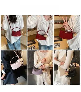 Collage of chic crossbody bags in four colors with pearl chains and cute bear charms