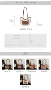 Size chart showing structured PU leather tote bag dimensions and multi-color options