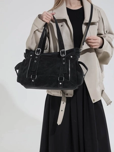 Retro black suede tote bag with silver studs and adjustable shoulder strap for women