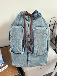 Washed Denim Backpack For Women Men Large Capacity Drawstring Bucket Bag Retro Workwear Student Schoolbag Casual Travel