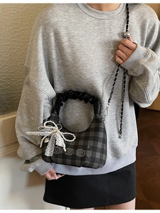 Black plaid hobo cloud bag with ruffled handle and pearl lace bow charm for women