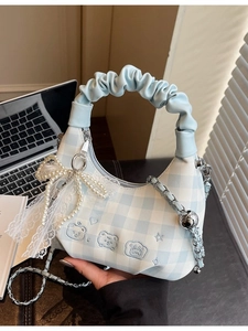 Blue plaid crescent cloud bag with pearl bow, embroidery, and chain strap