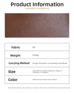 Detailed size and material chart for brown PU leather tote bag with product specs
