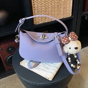 Women Fashion Synthetic Leather Crescent Shoulder Bag Solid Color Trendy Daily Handbag With Beaded Strap And Plush Charm
