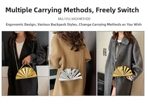Three ways to wear metallic fan-shaped evening clutch bag with detachable chain strap
