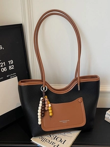 Vintage Contrast Color Tote Bag Women Synthetic Leather Litchi Texture Large Capacity Commute Shoulder Bag With Beaded Tassel