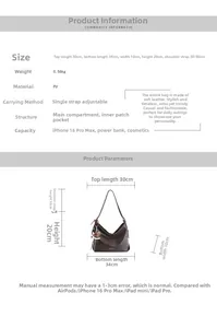 Detailed size chart showing dimensions and PU material specifications for the tote bag