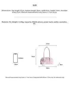 Detailed size chart for pink floral PU shoulder bag with white rabbit charm detail