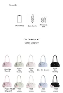Detail view of stylish shoulder bag showing capacity for phone, umbrella and makeup items