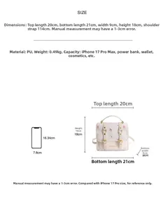 Size chart showing PU backpack dimensions 21x18x9cm with iPhone size comparison