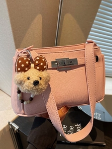 Women Lychee Pattern PU Leather Crossbody Bag Fashion Metal Lock Shoulder Bag With Cute Bear Keychain Daily Commuting Purse