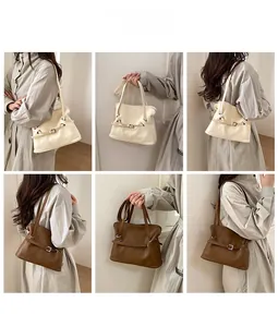 Collage of ivory and caramel tote bags featuring buckle detail and dual shoulder straps