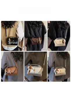 Retro crossbody bags for women with wooden bead charms and textured synthetic leather detail