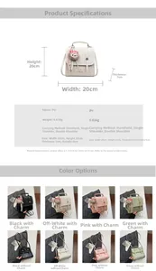 Detailed size chart of vintage PU leather backpack with dimensions and color options