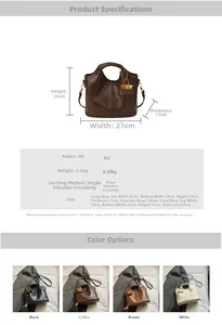 Vue détaillée du sac à main vintage en similicuir marron avec dimensions et breloque latérale