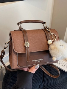Vintage Women Shoulder Bag Color Block PU Leather Crossbody Bag With Plush Pendant Fashion Small Square Bag Contrast Stitching Commute Handbag