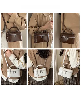 Detailed views of vintage box bags in brown and beige with top handles and shoulder straps