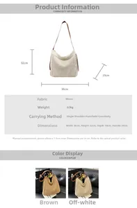 Detailed dimensions of a large woven tote bag with 36x32x10cm size and dual color options