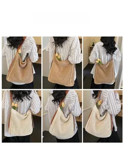Collage of large woven tote bags with leather straps worn by model for daily casual style