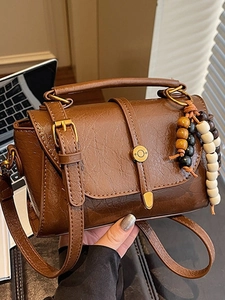 Vintage PU Leather Small Square Crossbody Bag For Women With Wood Bead Charm Retro Top Handle Shoulder Bag Casual Messenger Bag