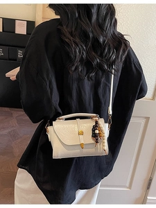 Retro cream white crossbody bag with wood bead charm and gold lock for women