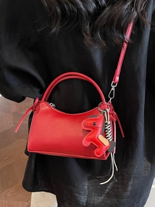 Chic red mini PU leather handbag with horse charm and detachable strap for women