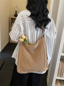 Lazy style khaki woven tote bag for women with large capacity crochet shoulder design