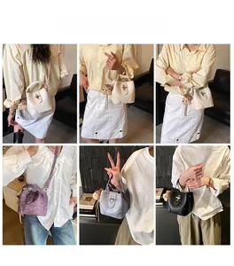 Multiple views of women's minimalist leather bucket bags with adjustable straps and bear charms