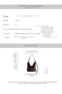 Size guide for minimalist large PU leather shoulder bag with detailed dimensions and capacity