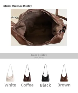 Detailed view of tote bag interior structure and four color options in PU leather