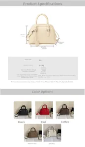 Detailed size specifications and multiple color options for the PU leather Boston bag