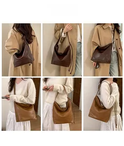 Detail shots showing the large capacity and textures of the minimalist shoulder bag on a model