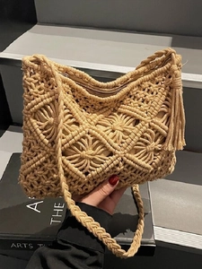 Bohemian Hand-Woven Fabric Shoulder Bag For Women Vintage Hollow Out Tassel Fringe Vacation Beach Crossbody Handbag