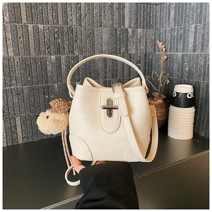 Detail of cream bucket bag with silver twist lock and cute plaid puppy charm