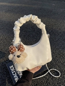 Women Ruched Dumpling Bag Pleated Handle Shoulder Bag With Teddy Bear Charm PU Leather Chain Crossbody Bag Fashion Hobo Purse