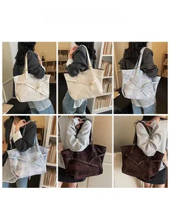 Detailed views of vintage geometric pattern tote bags shown in three stylish colors on a model