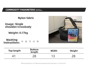 Detailed size guide and capacity chart for the large nylon crossbody crescent bag