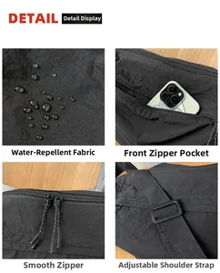 Detail of waterproof nylon bag showing water resistance, zipper pocket, and strap buckle