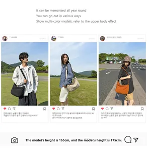 Three-way split view of nylon crossbody dumpling bags in black, beige, and orange colors