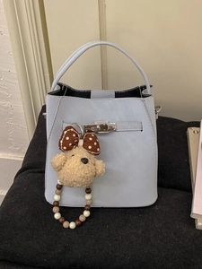 Vintage Synthetic Leather Bucket Bag For Women Fashion Metal Lock Shoulder Handbag With Plush Bear Pendant Crossbody Bag