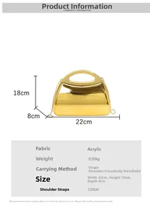 Detailed specs of gold acrylic evening clutch bag with chain strap and size info